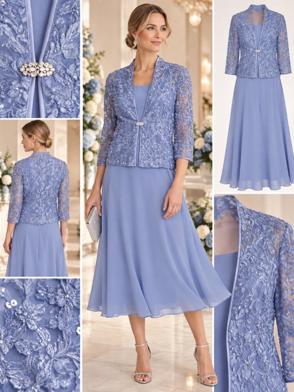 Jessica Howard Lake Blue Lace Jacket Midi Dress 2 Piece Set Size 14 NWT